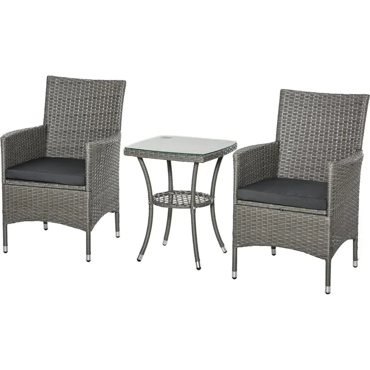 Outsunny Sitzgruppe Sitzgarnitur mit Sitzkissen Grauv 60 x 58,5 x 89,5 cm, (Set, 3-tlg, Gartenmöbel Set), Polyrattan + Stahl