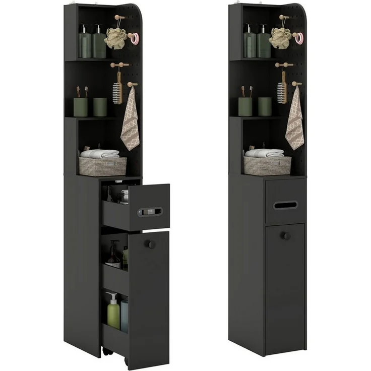 Puluomis Badkommode Badezimmerschrank mit Schubladen, Lochwand, Hochschrank schmal, 35 x 24 x 165 cm, Aufbewahrungsschrank für Bad, Küche – Bild 1