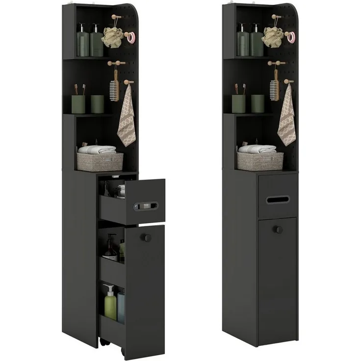 Puluomis Badkommode Badezimmerschrank mit Schubladen, Lochwand, Hochschrank schmal, 35 x 24 x 165 cm, Aufbewahrungsschrank für Bad, Küche