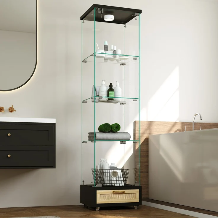 Vitrine 42,5x36,5x167 cm in Schwarz mit LED, Glastür und Schubladen – Bild 2