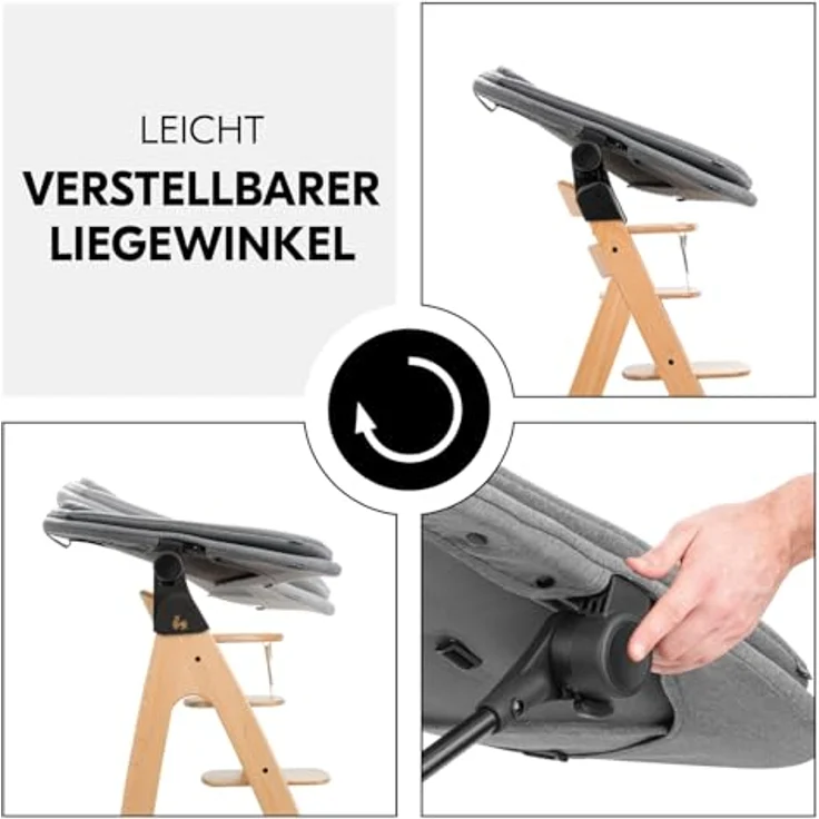 hauck 3in1 Babywippe für Alpha+, Beta+ & Arketa Holzhochstuhl, Ergonomische Babyliege für Babys ab Geburt bis 15 kg, mit 5-Punkt-Gurt, Sitzverkleinerer, Baumwollbezug (Dark Grey Melange) – Bild 7