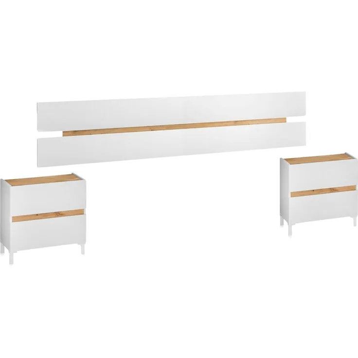 Habitdesign, modernes Kopfteil mit 2 Nachttischen und 4 Schubladen – Schlafzimmer-Set in Arktisweiß & Eiche Nodi, viel Stauraum, Maße: 255 x 100 x 34 cm (B x H x T), Modell Tempus