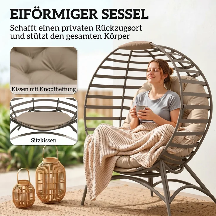 Papasansessel Gartenstuhl Korb-Stuhl mit Kissen oval Loungesessel Korb faltbar 118 x 77 x 139 cm--Sand--139x77x118cm--YOUDENOVA – Bild 7