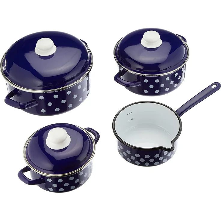GSW Topf-Set, Stahl-Emaille (Set, 7-tlg, je 1 Kochtopf Ø 16/20/24 cm, 1x Stielkasserolle Ø 16 cm), inkl. Literskala, Induktion