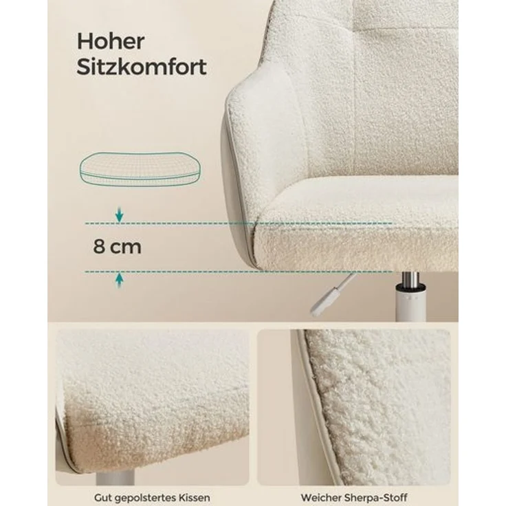 Songmics Schreibtischstuhl, höhenverstellbar, bis 110 kg belastbar, atmungsaktiver Sherpa-Stoff und PU cappuccinobeige, 64x64 x (83-93) cm – Bild 4