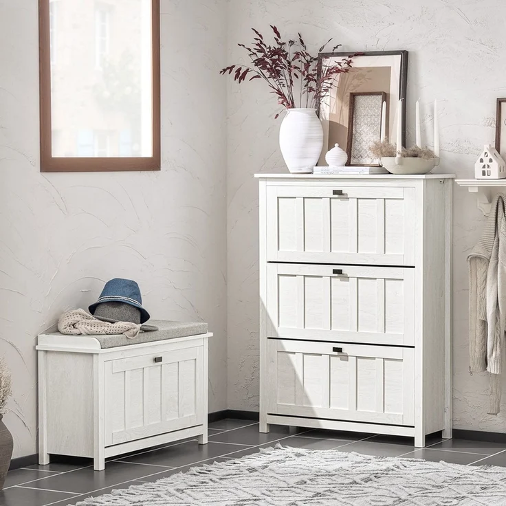 SoBuy FSR162-W Schuhschrank, MDF, Melamin, Weiß, 100 x 91 x 19 cm – Bild 2