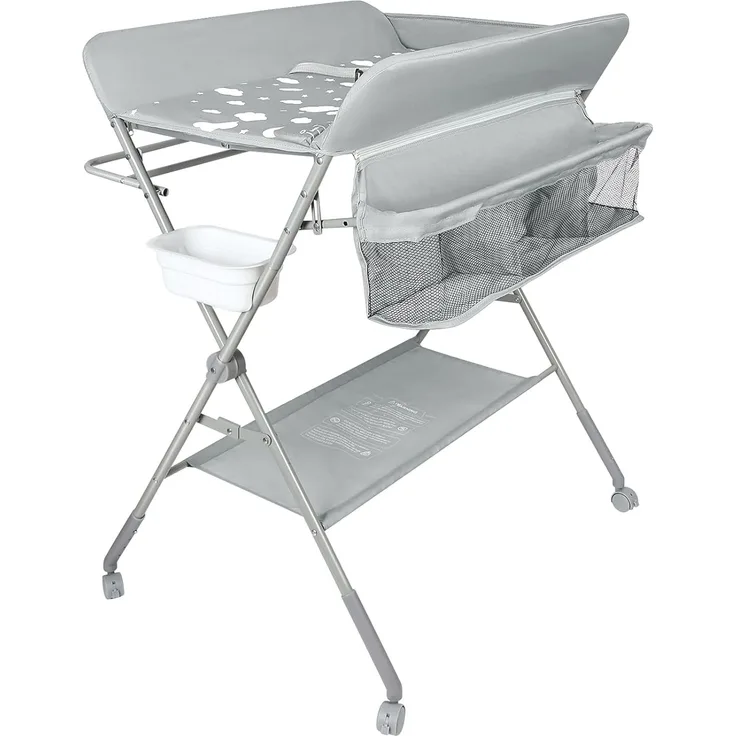 mobiler Wickeltisch mit Wickelaufsatz, Wickelkommode klappbar höhenverstellbar, Wickelkombi mit Sicherheitsgurt Aufbewahrungskorb Kleiderstange-80 * 58 * 90 cm-hellgrau