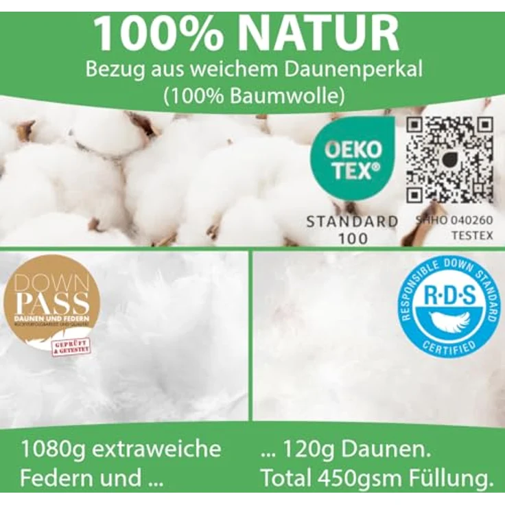 Welldora 4-Jahreszeitenbett, Komfort Bettdecke, Fachärztlich geprüft, Oeko-Tex, Allergiker, Füllung: 100% Extraweiche Federn & Daunen, Ganzjahres Federbett – Bild 4