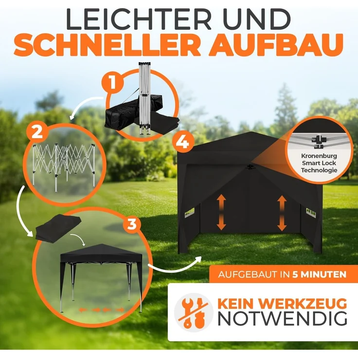 Kronenburg Faltpavillon wasserdicht Dachmaß 2x2 m UV Schutz 50+ Pavillon in Schwarz mit 4 Seitenteilen – Bild 4