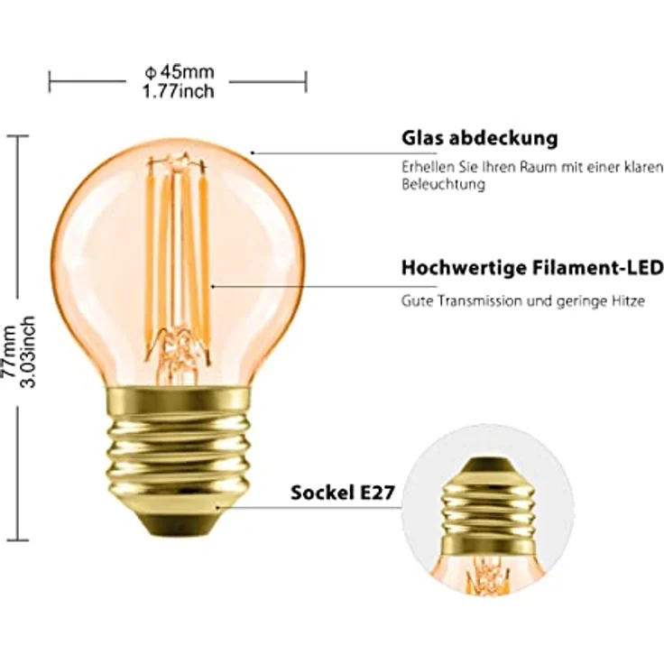 LVWIT Edison Vintage Glühbirne E27, Retro LED Filament G45, 4W warmweiß 2400K, 410LM, nicht dimmbar, 6 Stück – Bild 5