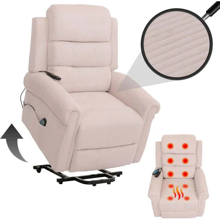 Fernsehsessel HWC-K63, Relaxsessel, Liegefunktion Aufstehhilfe Massage Heizfunktion, Stoff (220g/m²) Cord ~ creme-weiß – Bild 1