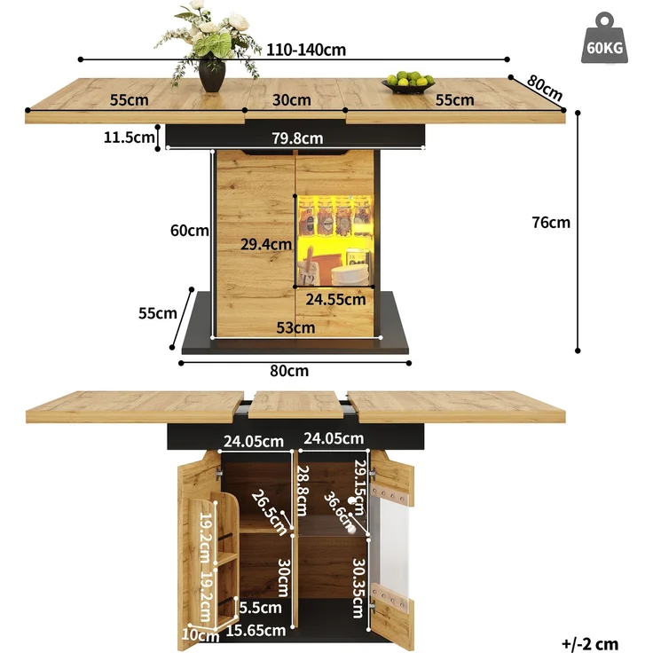 Esstisch Teleskoptisch(110-140×80cm), klappbarer Küchentisch für 4-6 Personen, Ausziehbarer Esstisch ,platzsparender Küchentisch, Tisch mit LED-Beleuchtung und Snackablage Schranktüren – Bild 3