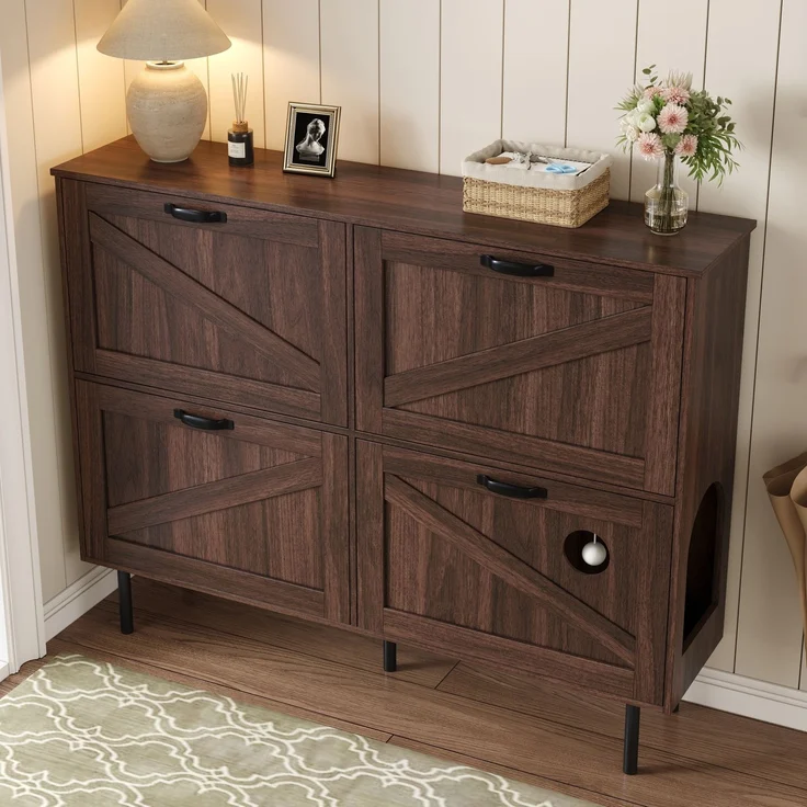 Merax Schmaler Schuhschrank mit 3 Klappen, mit Ablage für Tierspielzeug, Schuhregal, Schuhablage, Natural walnut – Bild 5