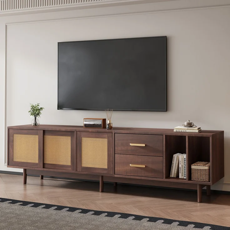 TV Schrank Lowboard 190x40 cm Braun Spanplatte Rattan Türen 3 Türen 2 Schubladen halboffen Wohnzimmer Board – Bild 6