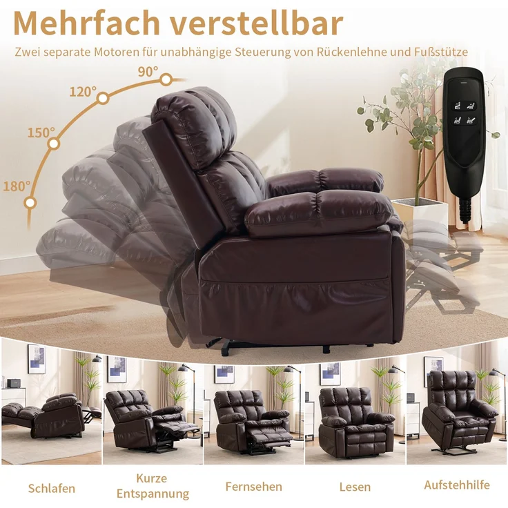 Sessel 109 x 107 x 109 cm (B x T x H), brauner Flanellstoff, elektrisch verstellbar mit Aufstehhilfe, 1 Stück – Bild 6
