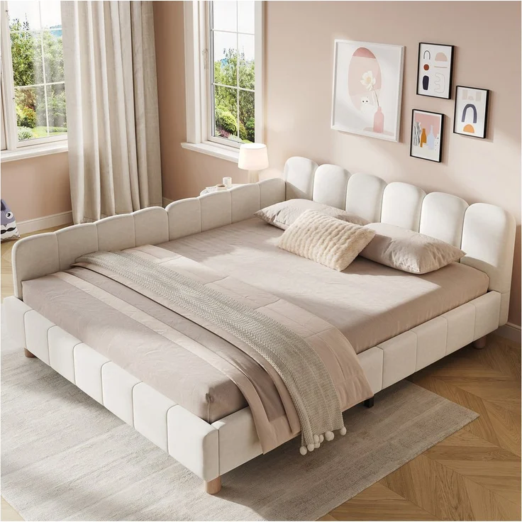 MODFU Polsterbett Beige 140x200 cm mit Rausfallschutz, flexiblen Armlehnen und Lattenrost, geeignet für Kinder & Jugendliche