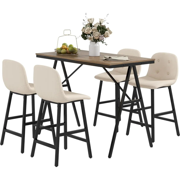 HOMCOM Bargruppe Küchentisch, Bistrotisch mit 4 Stühlen, Bartisch Set für Küche, (Bartisch-Set, 5-tlg, 5-teiliges Bartisch-Set), Beige – Bild 1
