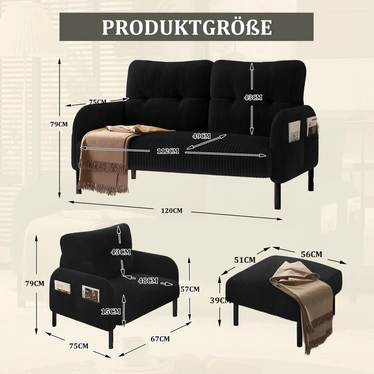 Sofaset aus Cord, 3-teilig mit Sessel, Hocker & 2-Sitzer, 120 x 75 x 79 cm, schwarz – Bild 5