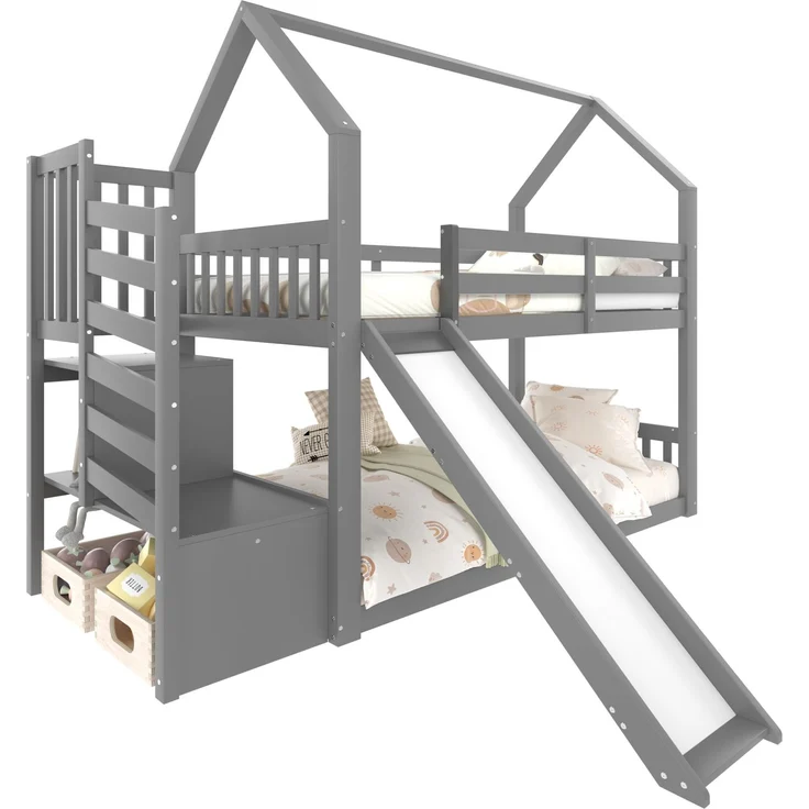 CHICFURN Etagenbett aus Kiefernholz und MDF Grau 90x200 cm mit Rutsche und Stauraumtreppe – Bild 6