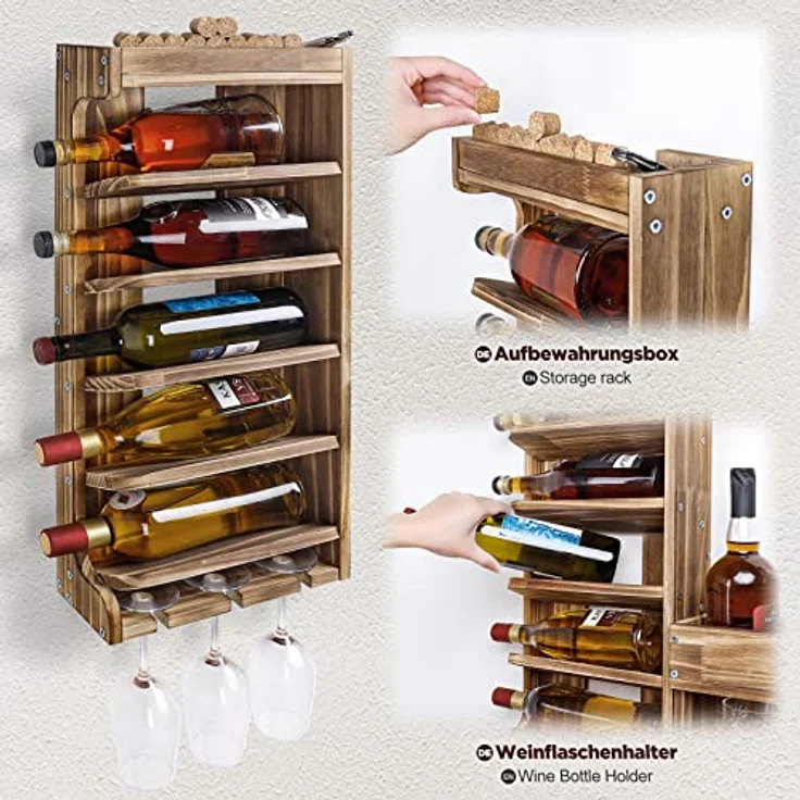 Yorbay Weinregal Weinregal aus Holz, Wandbar mit Korkhalter, Holzregal für Weingläser, Whiskygläser, Wandmontage Wand Flaschenhalter Vintage Stil für Hausbar – Bild 4