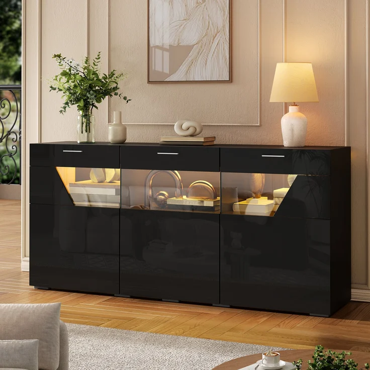 ZUBALIYA Sideboard 160x38x78 cm, mit LED-Beleuchtung, Hochglanz, mit 3 Türen, aus Spanplatte, Schwarz – Bild 5
