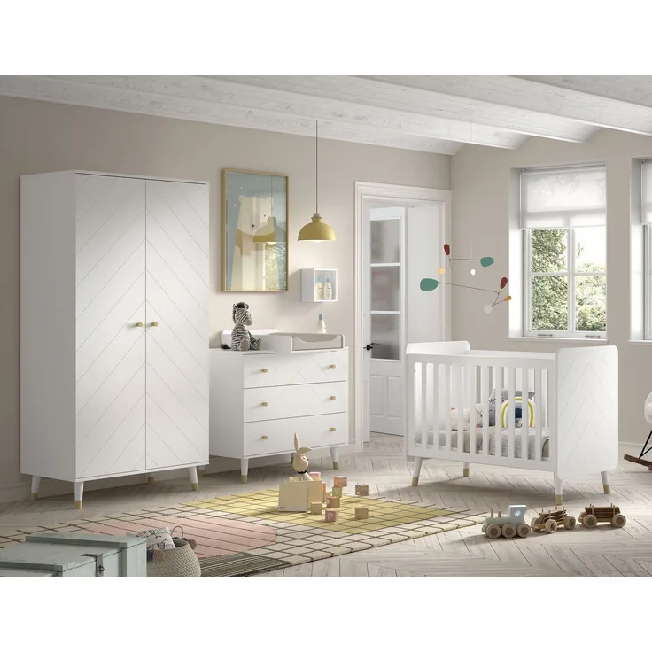 BILLY Babyzimmer-Set, best. aus Kommode, Wickelaufsatz, Babybett 60x120 cm u. Kleiderschrank 2-trg, MDF Satin Weiß lackiert