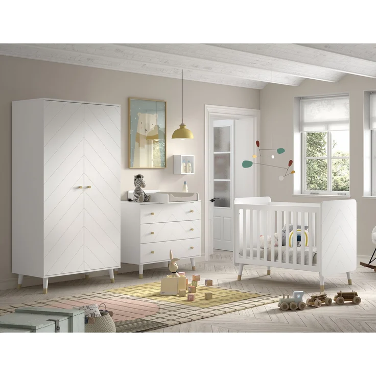 BILLY Babyzimmer-Set, best. aus Kommode, Wickelaufsatz, Babybett 60x120 cm u. Kleiderschrank 2-trg, MDF Satin Weiß lackiert – Bild 1