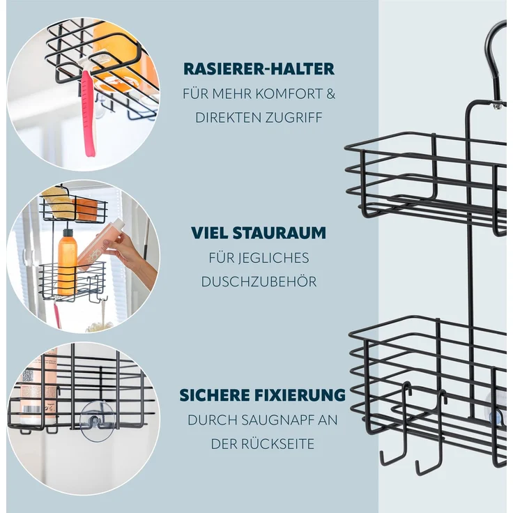 Duschregal mit 2 Körben, Duschkorb zum Einhängen mit versetzbarem Haken aus schwarzem Metall – Bild 5