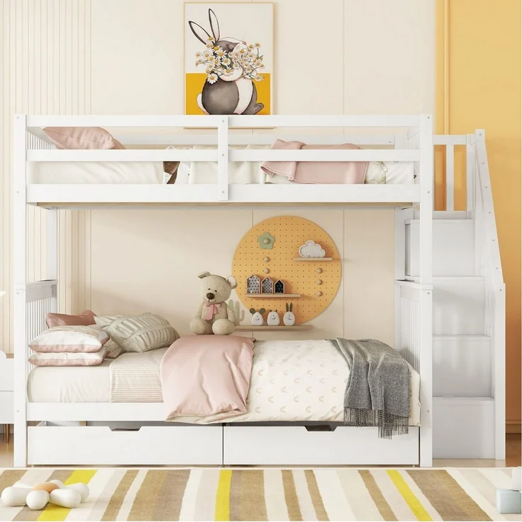 HAUSS SPOLE Etagenbett 140x200 mit Matratze, mit zwei Schubladen, hohe Geländer, Treppenregal – Bild 3