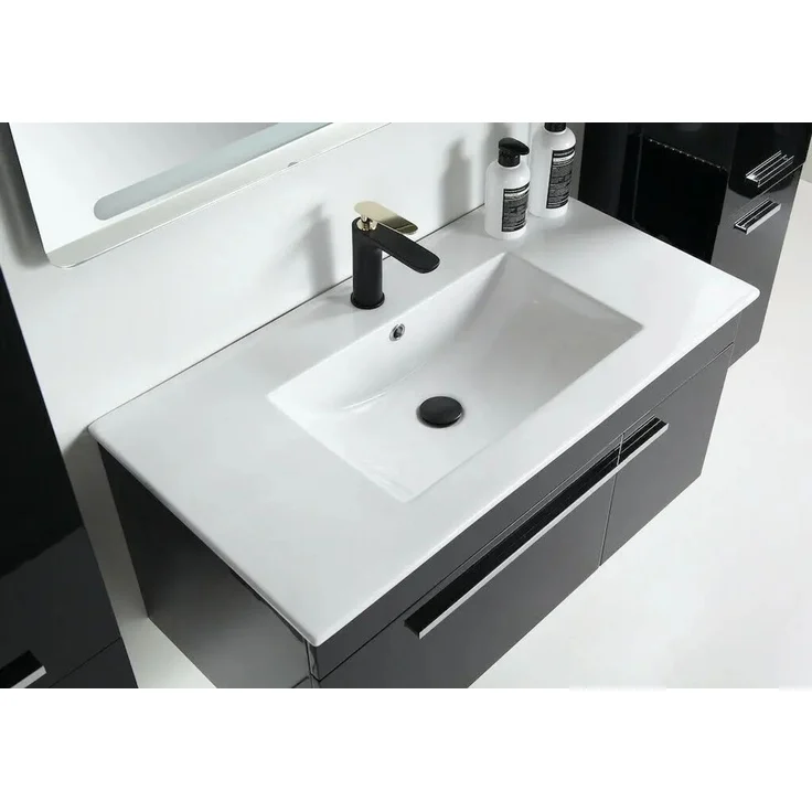 Faizee Home Badmöbelset 90 cm Schwarz Hochglanz inkl. Keramik-Waschbecken, LED-Spiegel & 1x Seitenschrank links – Bild 5