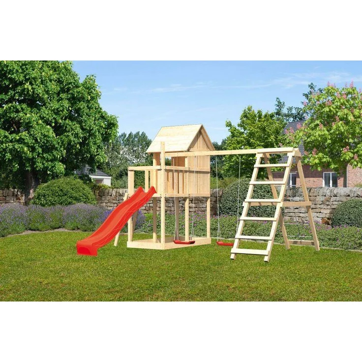 Karibu Kinderspielhaus Frieda Set Aktion2 naturbelassen mit Anbau, Doppelschaukel, Klettergerüst und Rutsche rot – Bild 2