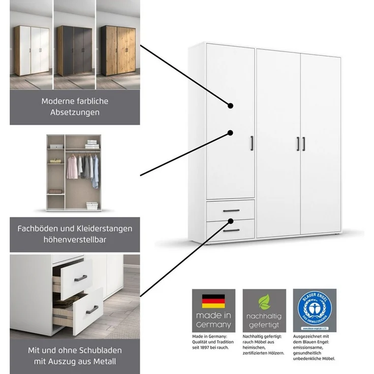 Rauch Möbel 'Voyager' Kleiderschrank, Holz, Eiche Artisan | Grau Metallic, Zubehör Premium, Breite 140 cm | ohne Schubladen – Bild 3