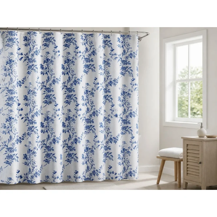 Wasserdichter Duschvorhang mit Blumenmuster für Badezimmer Blau-Weiß, 180x180 cm – Bild 2