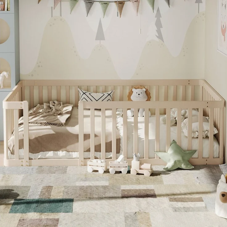 Flieks Kinderbett, Massivholzbett Bodenbett 90x200 cm mit Zaun ohne Lattenrost – Bild 2