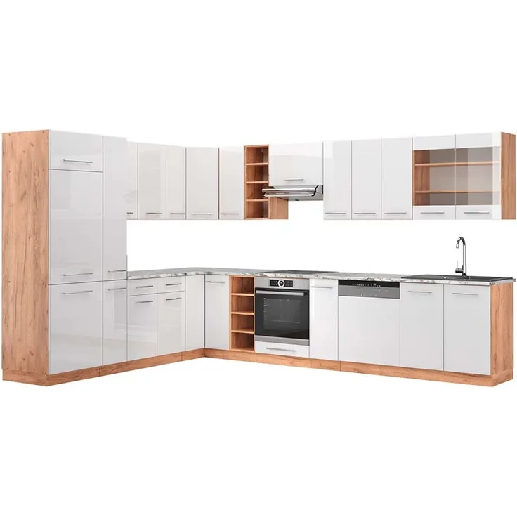 Eckküche Fame-Line Weiß Hochglanz/Goldkraft Eiche 347 x 60 cm , AP Marmor Vicco