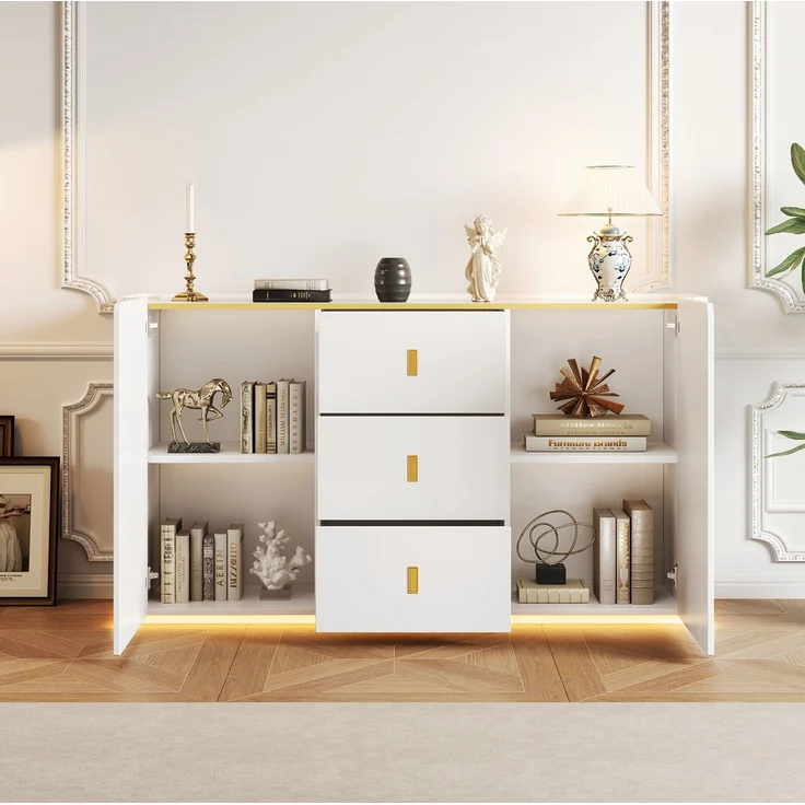 DESVIAE Sideboard Weiß aus Spanplatte – 150x80x35 cm – 3 Schubladen, LED-Beleuchtung – Bild 3