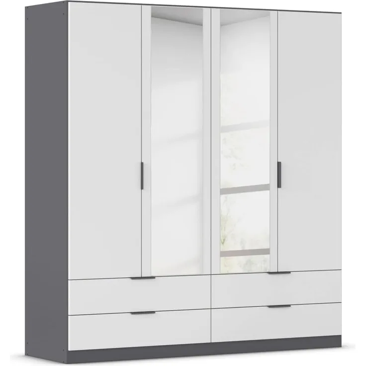 Rauch Möbel Lagoa, Kleiderschrank, Garderobe für Schlafzimmer, Kinderzimmer, Jugendzimmer 4-türig mit Spiegel, 4 Schubladen, mit Zubehör Premium, Farbe Weiß/Grau metallic, Schwarz, Breite 181