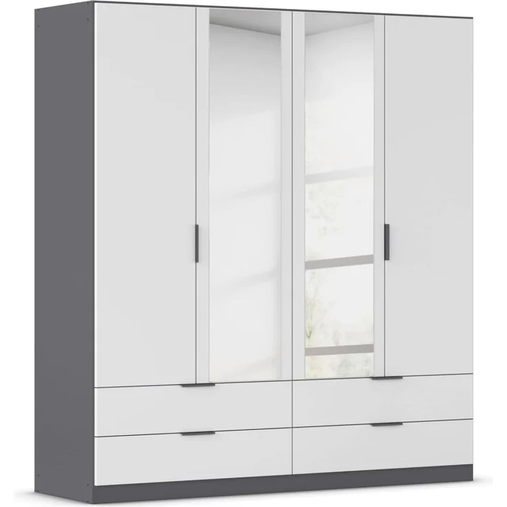Rauch Möbel Lagoa, Kleiderschrank, Garderobe für Schlafzimmer, Kinderzimmer, Jugendzimmer 4-türig mit Spiegel, 4 Schubladen, mit Zubehör Premium, Farbe Weiß/Grau metallic, Schwarz, Breite 181