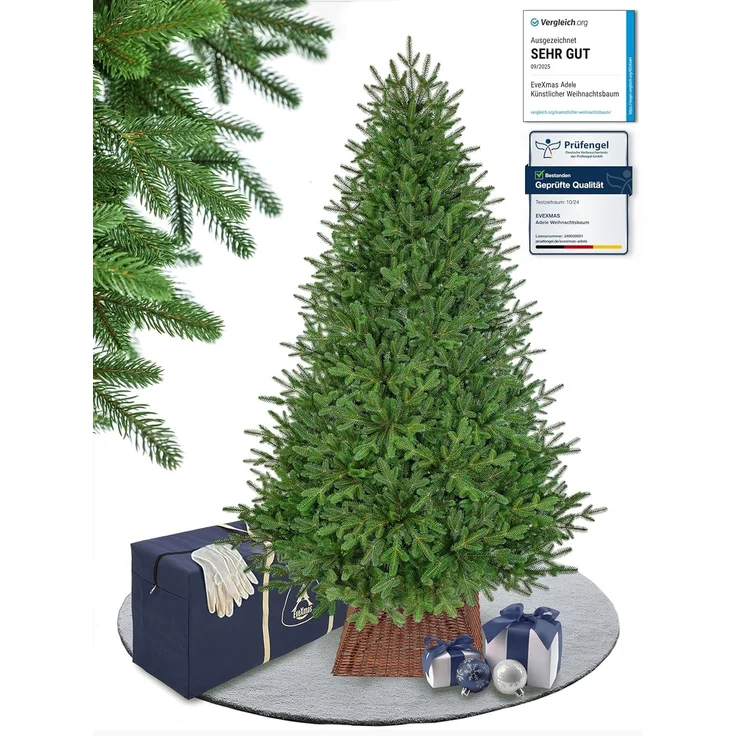 EveXmas Adele Künstlicher Weihnachtsbaum Grün 215 cm – 899 Astspitzen, 100% PE Spritzguss, Nordmanntanne-Optik, inkl. Metallständer, Tasche & Baumkorb – Bild 1