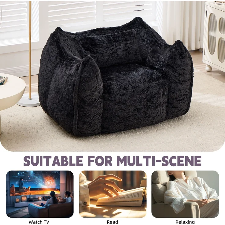 Riesiger Sitzsack mit Kissen, bequemer großer Sitzsack für Erwachsene und Kinder, Kunstfell-Bodensofa für Wohnzimmer, Schlafzimmer, Wohnung, Schwarz – 123 x 97 x 73 cm – YOUDENOVA – Bild 6