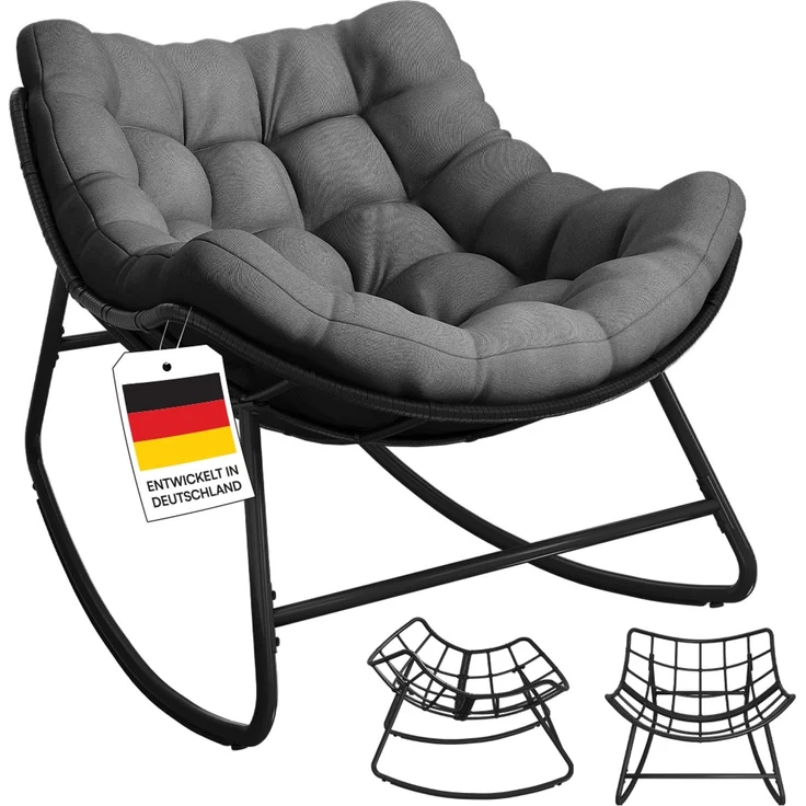 STEELSØN 'Veldora' Schaukelstuhl, schwarzes Polyrattan, Kissen anthrazit, ergonomischer Relaxsessel, bis 125kg, XXL Schaukelsessel 75×100×65 cm – Bild 1