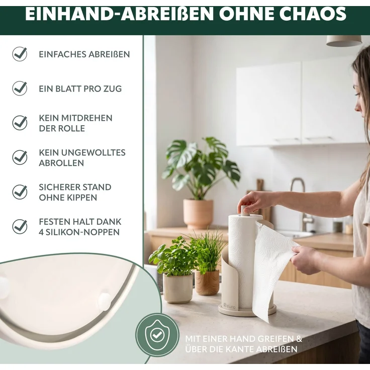 eluno Küchenrollenhalter bis 28 cm oder 3 Toilettenpapierrollen aus Edelstahl und Metall, beige, ca. Ø 15,5 x 31 cm – Bild 3