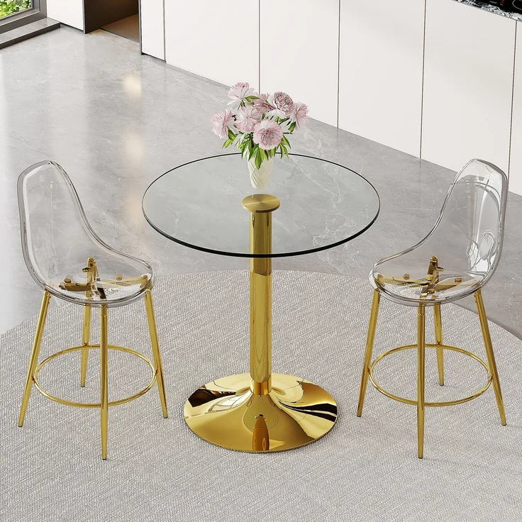 Esstisch-Set als Bartisch, 92x89x89 cm, Glas/Metall in Gold mit 2 transparenten Barhockern – Bild 4