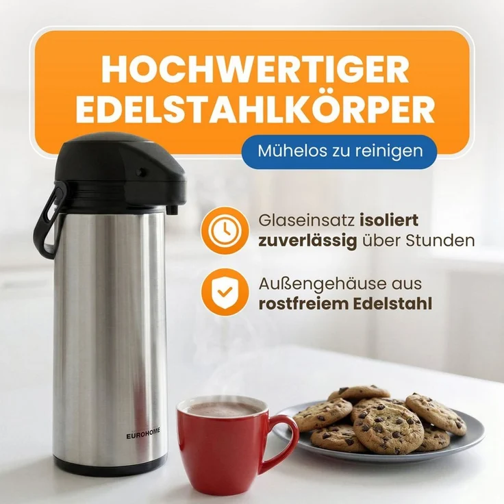EUROHOME Pump-Isolierkanne Airpot Pumpkanne Edelstahl für 1,9 Liter mit Tragegriff, 1,9 l, (1-St, Thermoskanne 35 cm hoch), Isolierkanne mit Pumpfunktion - Pumpkannen – Bild 3