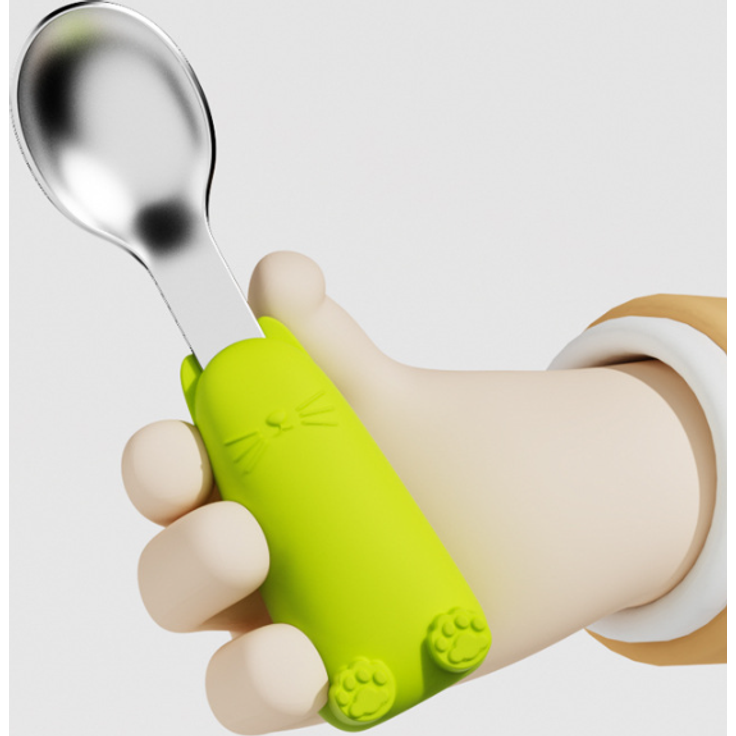 ABC 2-teiliges Edelstahl-Silikon-Löffelset für Kinder, Baby-Essgeschirr, Gabel und Löffel mit kurzem Griff für selbstständiges Essen – zweifarbig grün + gelb – Bild 2