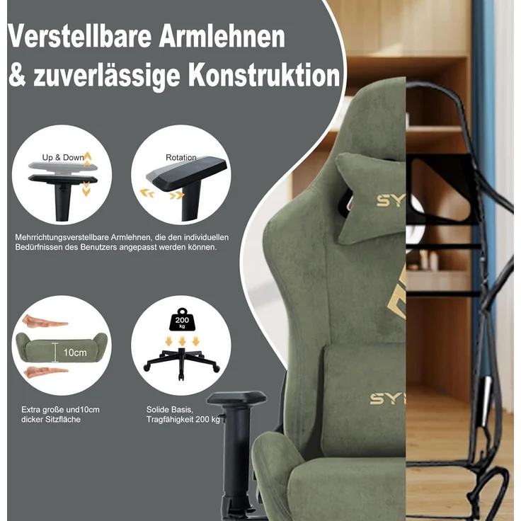 Symino Gaming Stuhl Bürostuhl Hochwertiger Stoff Grün Kunstfell – Bild 4