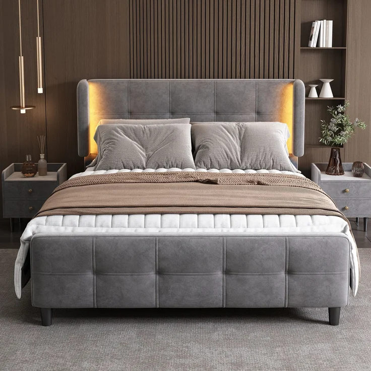 Polsterbett 140x200 Grau mit LED 16 Farben, Samt Doppelbett mit gesteppter Lehne, höhenverstellbarem Kopfteil, modernes LED-Bett – Bild 3