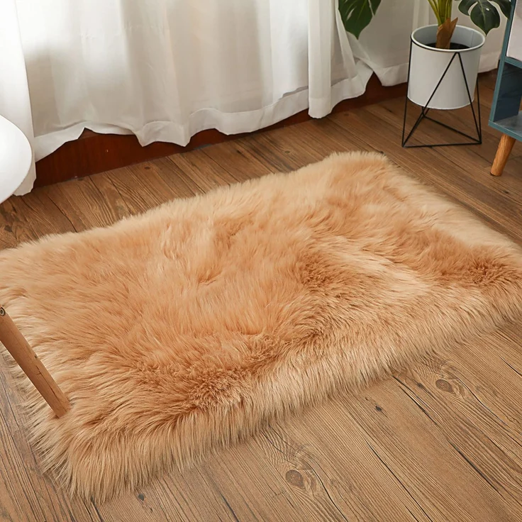 HEQUN Anti-Rutsch Lammfell-Teppich Kunstfell Schaffell Imitat | Wohnzimmer Teppiche Flauschig Lange Haare Fell Optik Gemütliches Schaffell Bettvorleger Sofa Matte (60x90 cm, Braun)