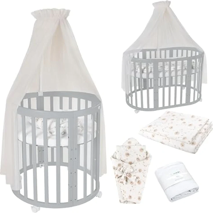 Waldin Babybett OWAL aus Holz 7in1 mit Matratze, mitwachsendes Kinder-Bett, belüftet, Boden 5-fach verstellbar, All-Inclusive-Set Holz grau, Stoffe Champagner Löwenzahn – Bild 2