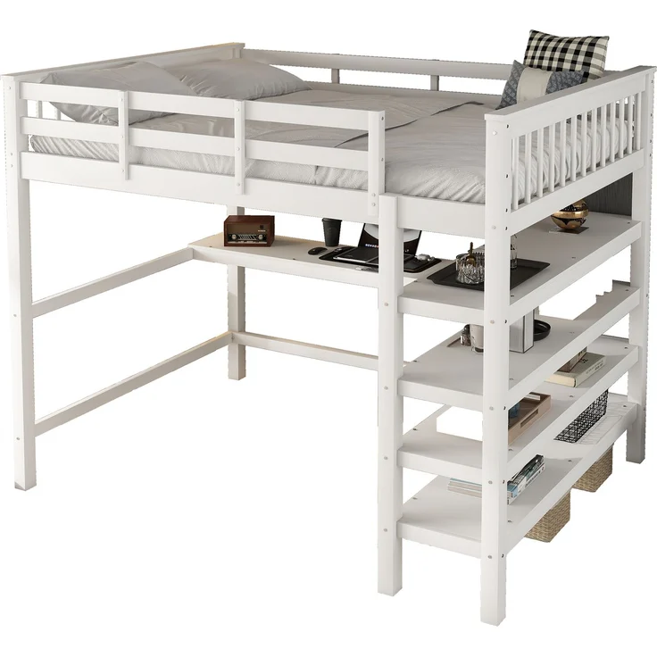 Hochbett 140x200 cm Kinderhochbett mit Schreibtisch, Ablagefächern, Kiefernholz + MDF, weiß, sichere Leiter – Bild 6